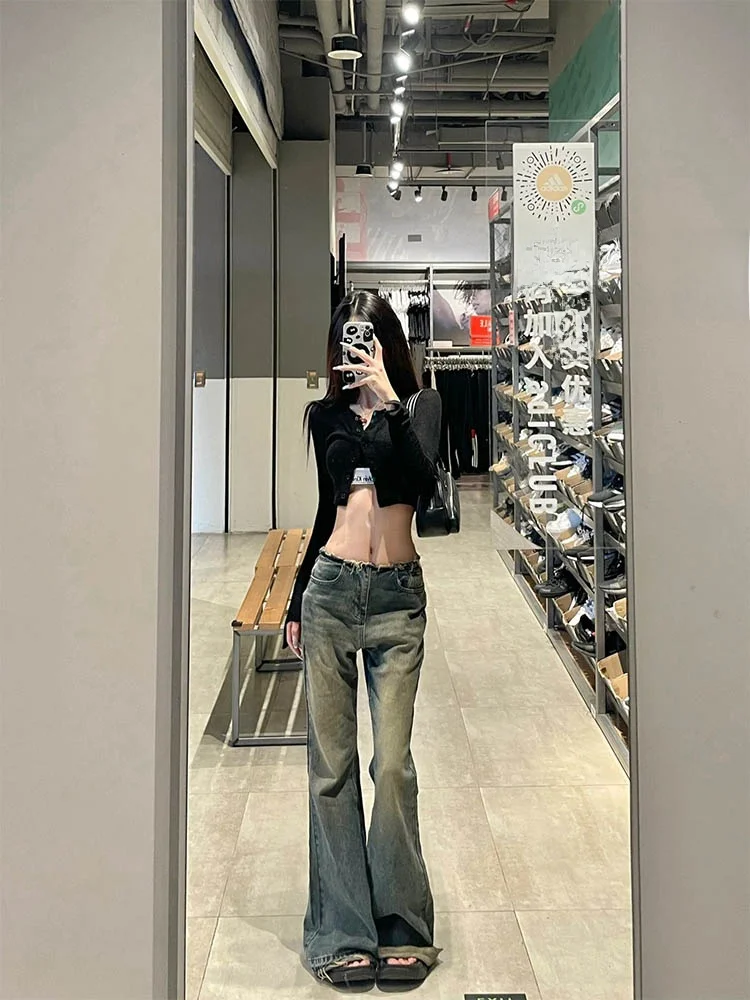 

American Retro Faded Low Waist Bell Bottom Jeans Women's Spring Autumn High Length Slimming Floor Length Pants
