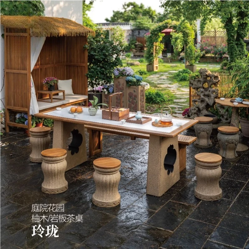 Chinese garden villa outdoor courtyard tables and chairs, terrace landscaping teak rock slab outdoor solid wood tea table
