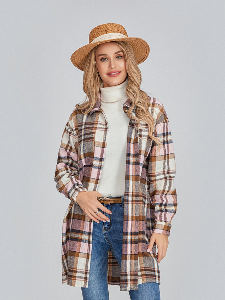 Casaco feminino de manga comprida com botão de lapela, flanela casual, outwear solto, estampa xadrez, rosa, cáqui, outono, inverno