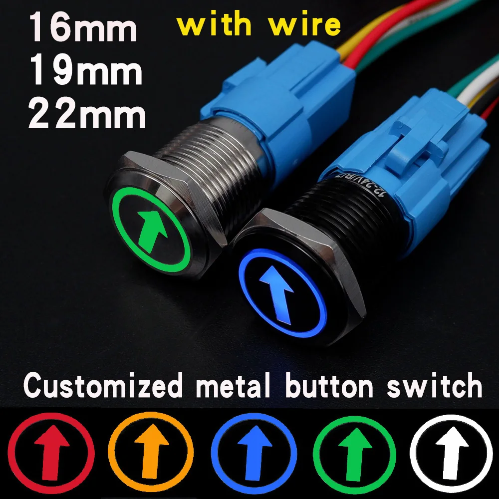 16/19/22mm Customization Button Momentary Latching Metal Push Button Car Symbols Waterproof LED Fan Horn 5V 6V 12V 24V 220V Flat