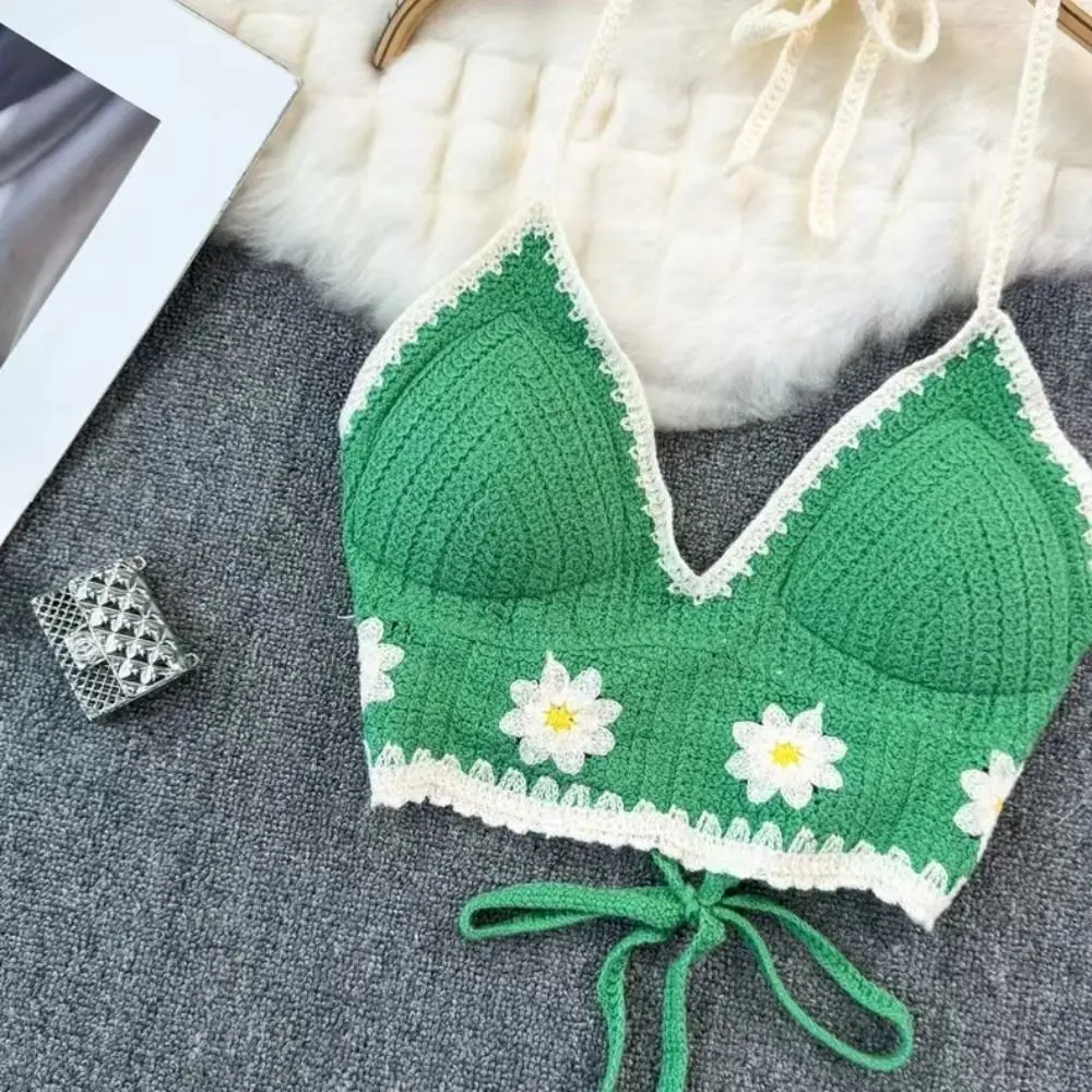 

Sweet Daisy Short Tank Top Summer Beach Tassel Knitted Bra Hollow Out Halter Top