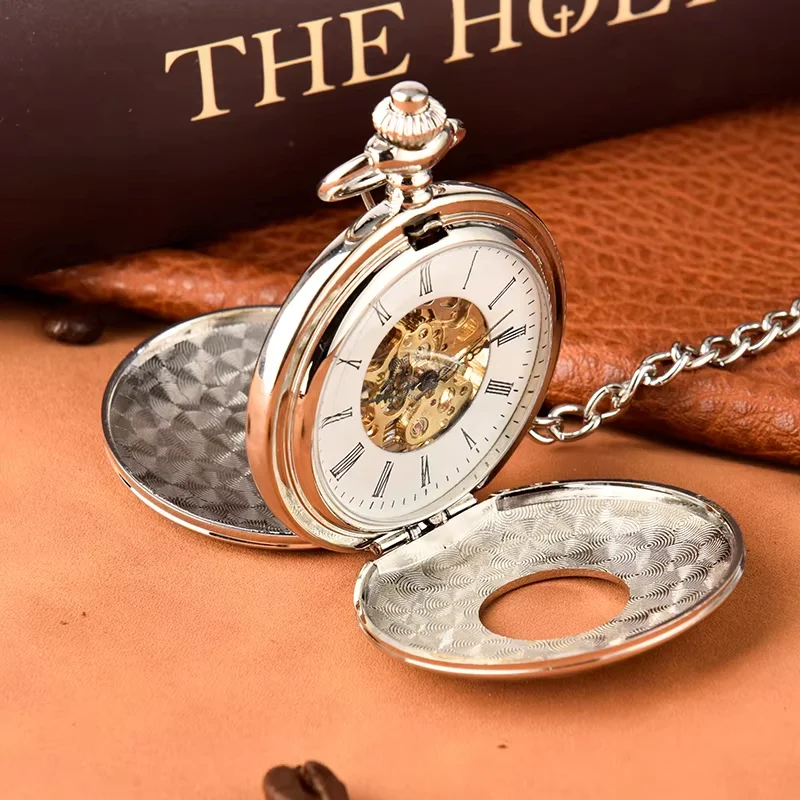 Large bronze Roman scale engraved lace pocket watch silver two face light double open mechanical watch