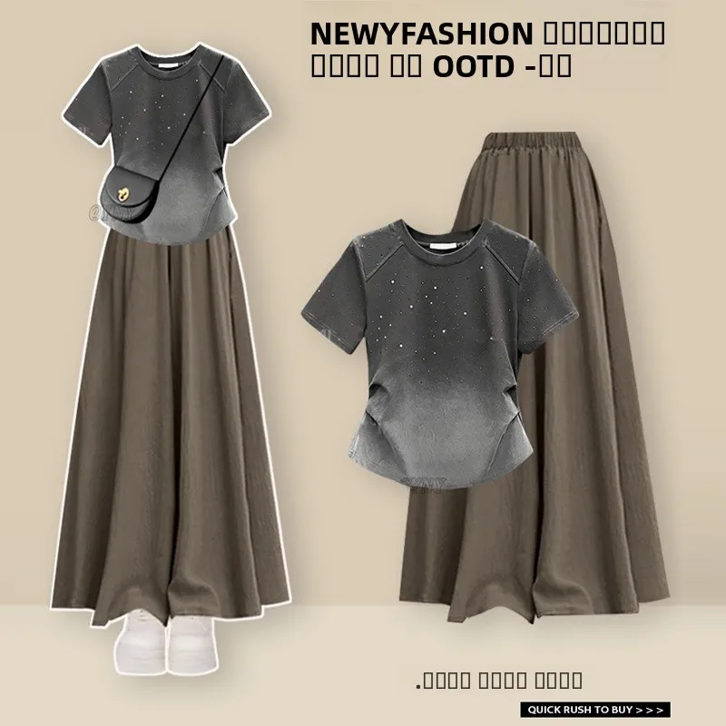 

Fashionable Commute Ready Two-Piece Set Women's round Neck Gradient Color T-Shirt High Waist Skirt Short Sleeve Casual Wear