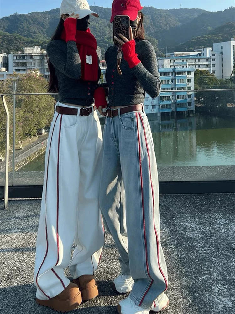 Large contrasting straight leg jeans for women New 2026 spring autumn loose high waist wide legs floor length XJ622