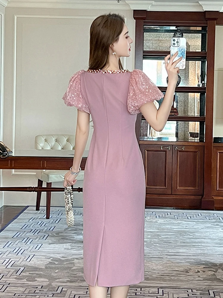 Summer Retro Business Formal Pencil Dress Women Clothes Elegant Luxury Sweet Puff Sleeve Slim Midi Party Birthday Vestidos Robe