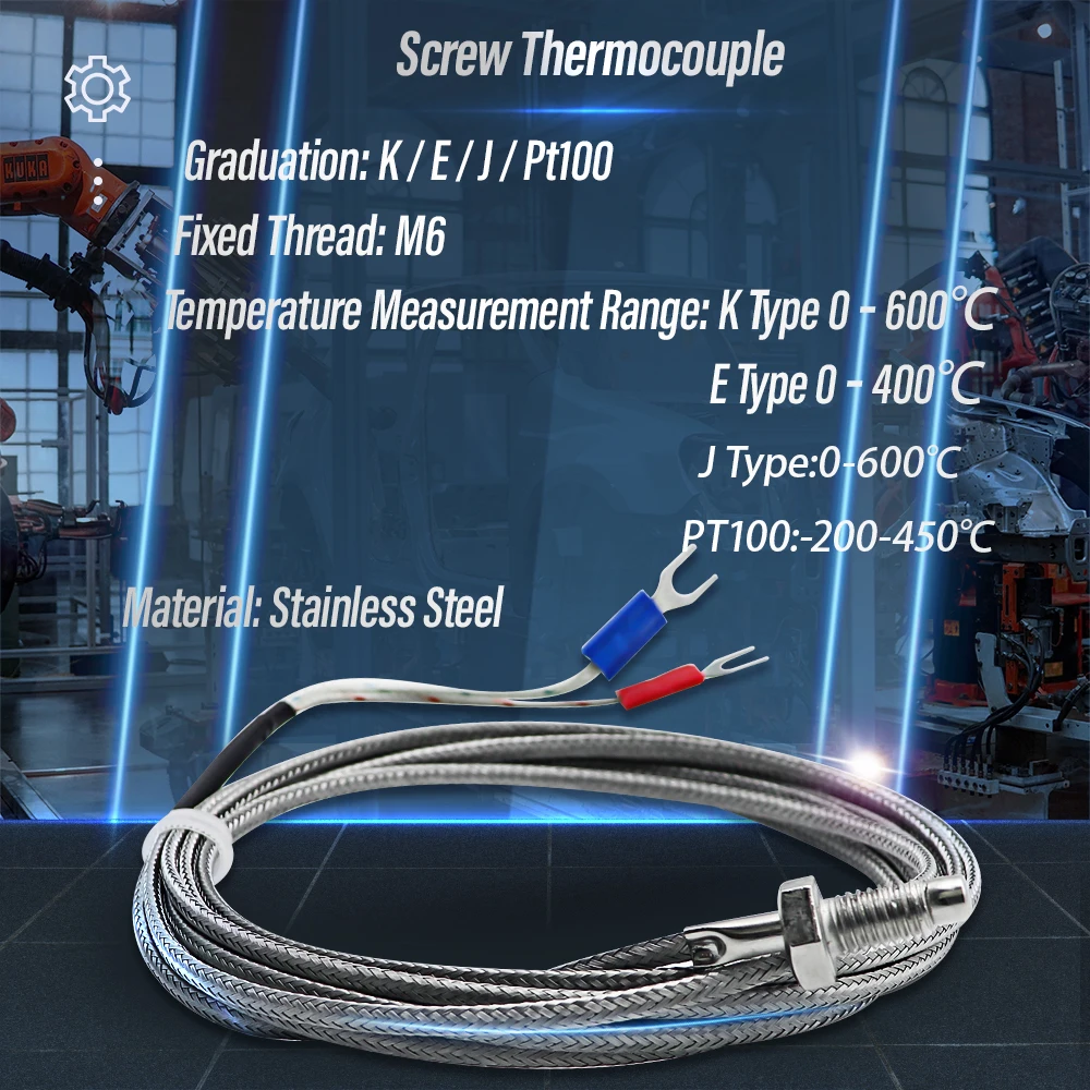 Thread M6 Screw Probe Temperature Sensor Thermocouple K J E PT100 Type 0-400℃ 1/2/3/4/5m Long Cable PID Controller Thermometer