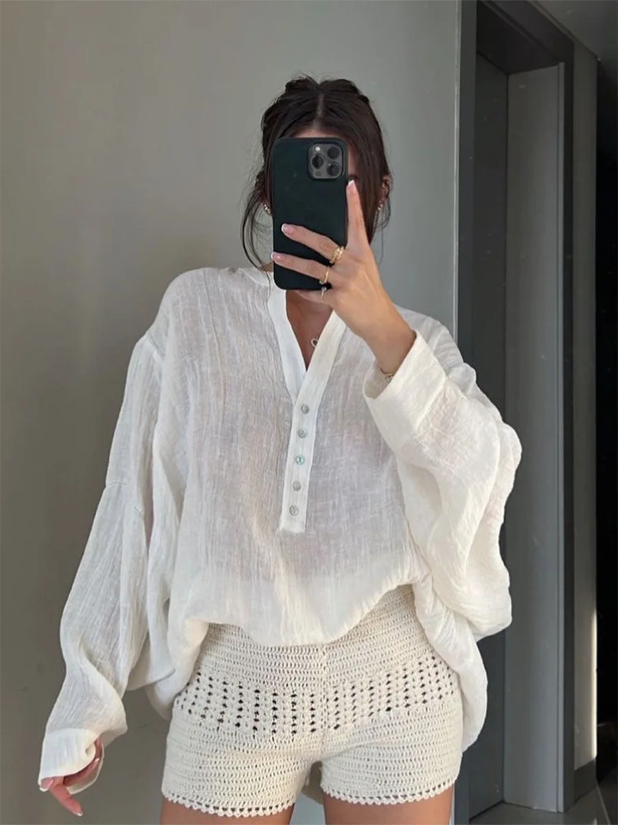 

Sumuyoo Shirt 2026 Spring Summer New Henley Style Half Open Collar Loose Long Sleeve Casual Lazy Style Shirt
