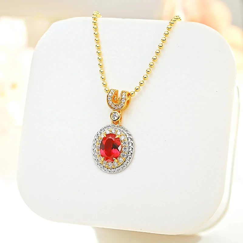 

Medieval Style Oval Artificial Red Treasure 925 Silver Pendant Inlaid with High Carbon Diamond Retro Niche Design, Versatile