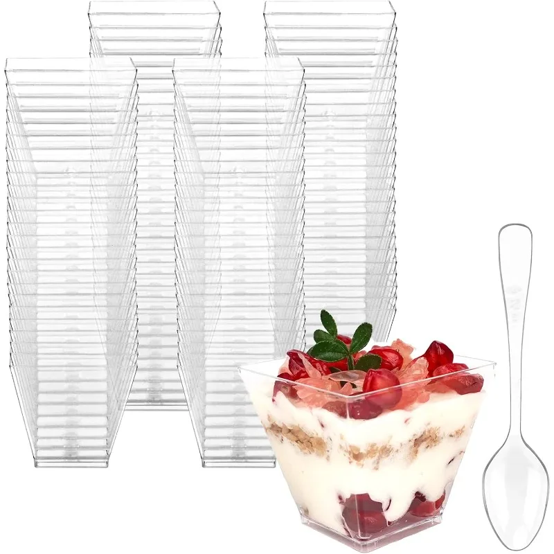 

100 Pack 2 oz Mini Dessert Cups with Spoons, Square Clear Plastic Appetizer Cups, Reusable Parfait Cups, Small Dessert Bowls