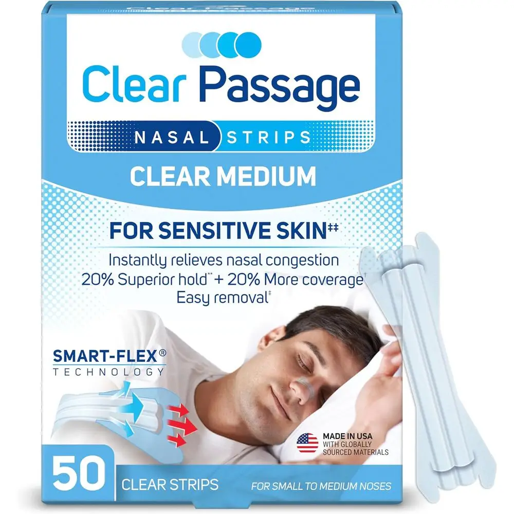 

Прозрачные носовые полоски Medium Clear, 50 штук в упаковке | Улучшение сна, уменьшение храпа, снятие заложенности носа при простуде и аллергии