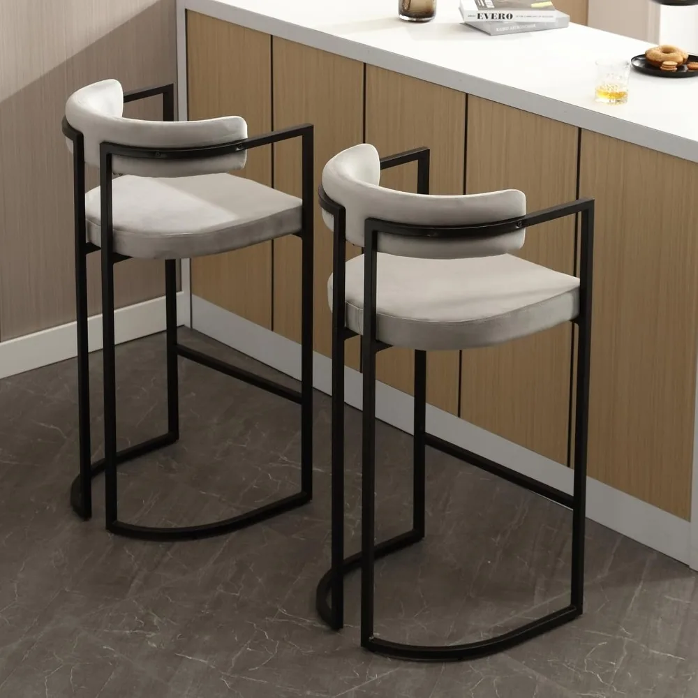 30 Inch Velvet Bar Stools Set of 2, Modern Grey Barrel Bar Stools with Comfy Back, Upholstered High Dining Chairs with Black Leg