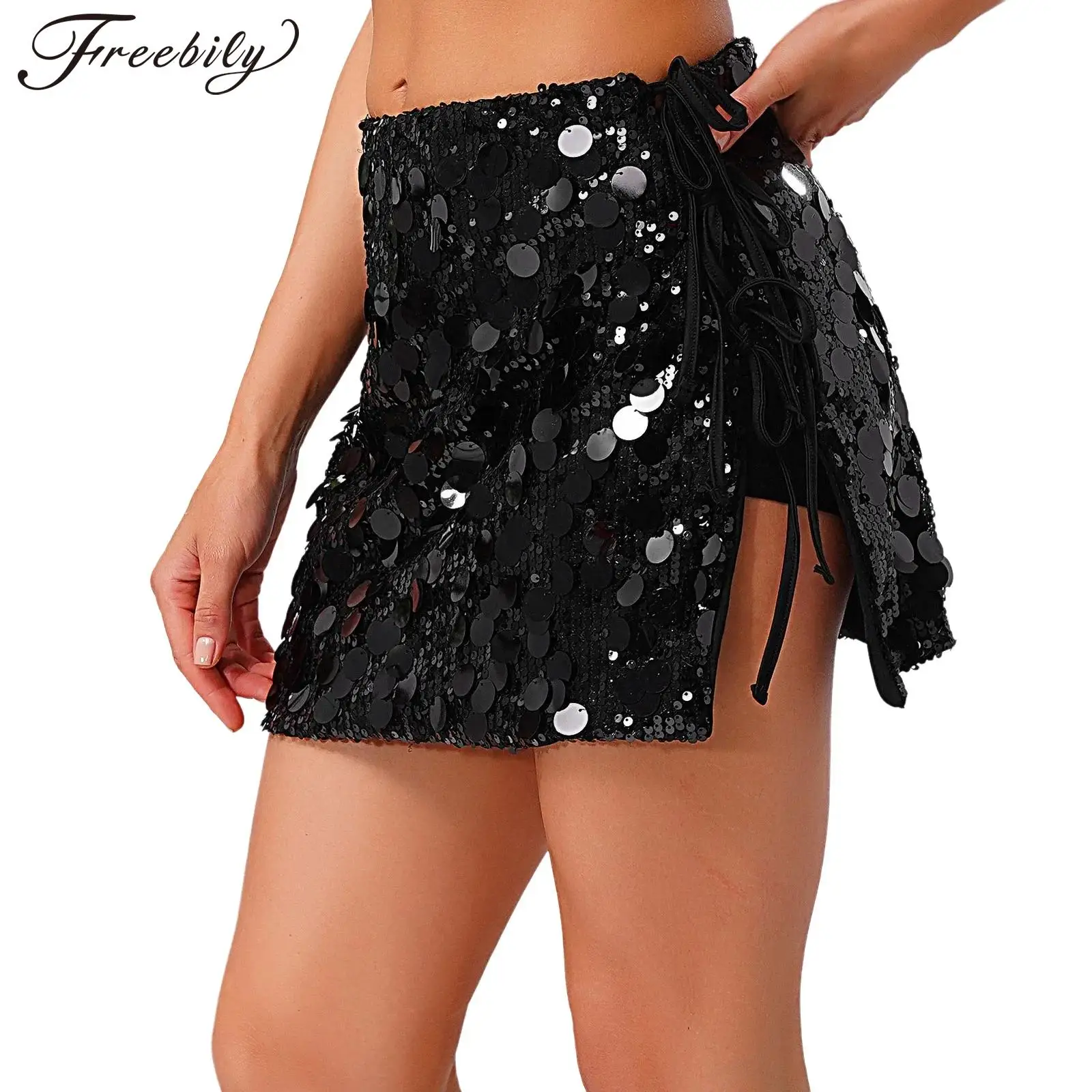 

Women's Mini Skirt Sparkly Sequin Miniskirt Sequined Side Slit Lace-up Bodycon Skirt for Raves Party Club Beachwear Falda Corta