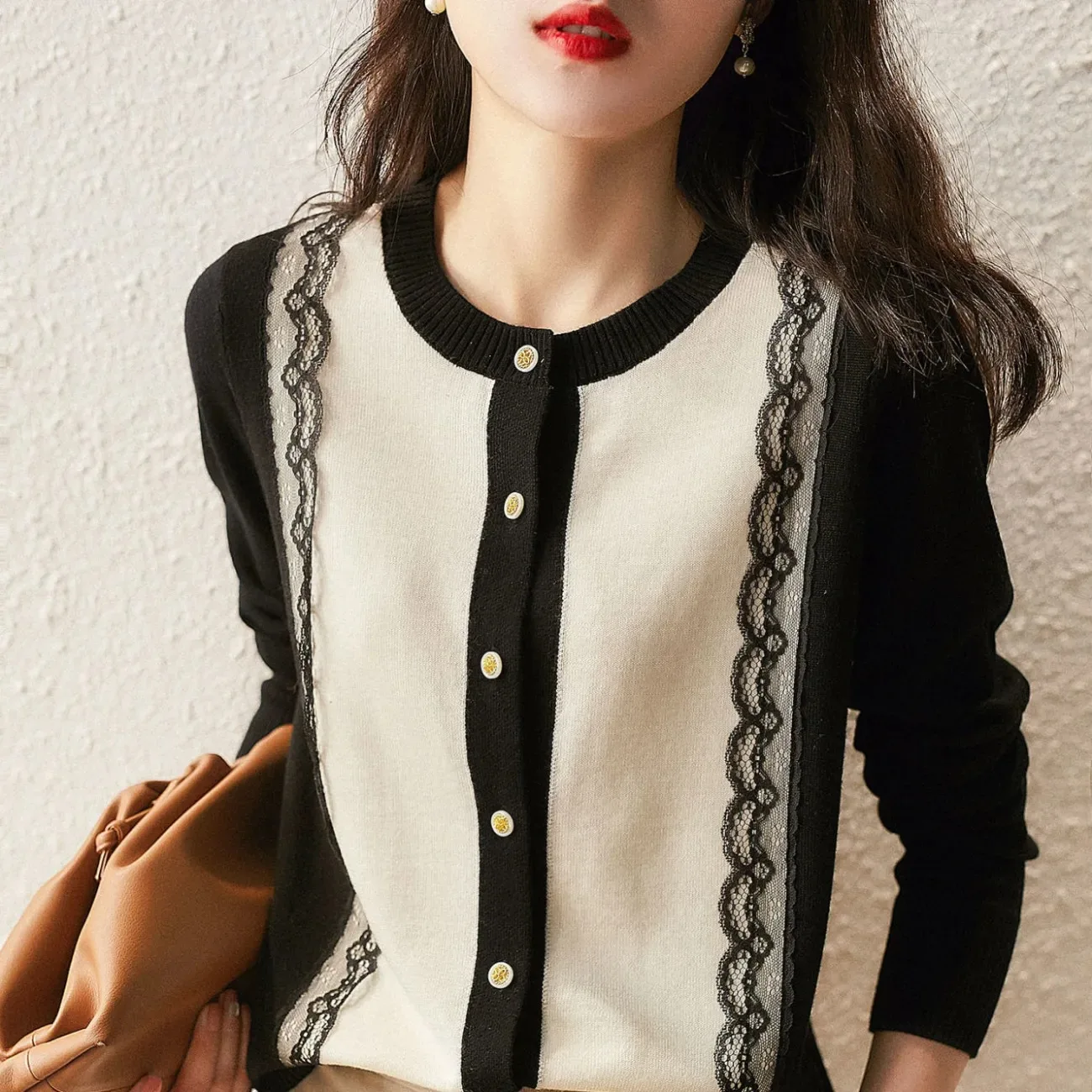 French Chic Blouse Autumn Elegant Lace Patchwork With Gold Button Accents Round Neck Sweater Knit Cardigan Coat