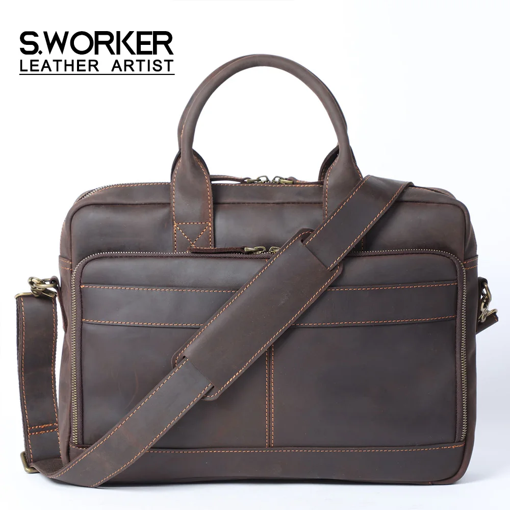 Vintage Echtleder Herren Aktentasche 15" Laptop-Tasche Arbeits- und Business-Herrentasche aus Crazy Horse Leder Schultertasche Handtasche – Detail 7