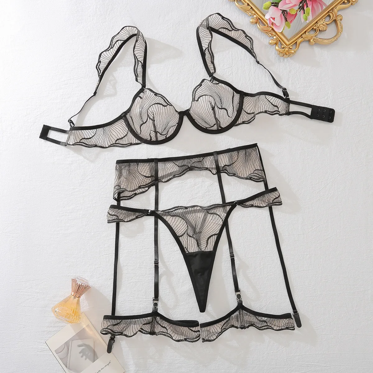 

Women Sexy Mesh Thin Exotic Set See Through Embroidery Lingerie Bra Set Micro Bikini Exotic Thong Underwear Exotic Apparel