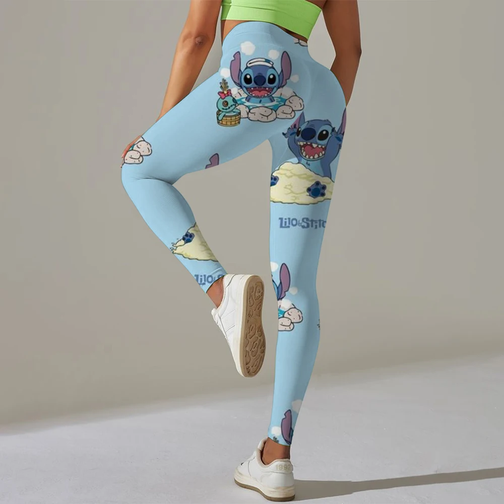 Disney Stitch พิมพ์ Checkered สตรีกีฬาและฟิตเนสกางเกงขายาวผู้หญิง Tiedye GYM Leggings Mujer Push Up Booty กางเกงฟิตเนส