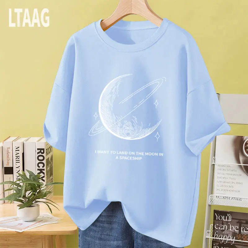 Camiseta con estampado de Luna curvada para mujer, Top holgado informal y cómodo con cuello redondo, camisetas de manga corta de algodón puro básico para M-6XL