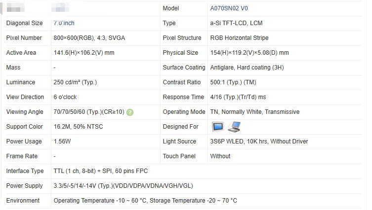 7inch LCD Screen 800x600 A070SN02 VGA LCD Controller Board KYV-N2 V2