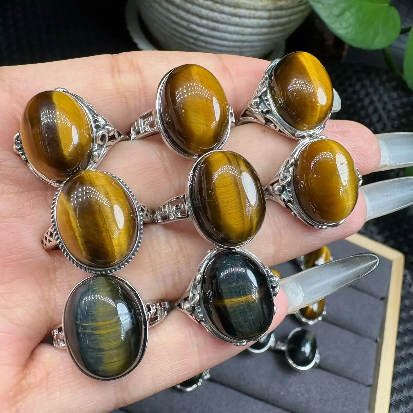 

1 шт. Fengbaowu натуральный тигровый глаз кольцо овальный кабошон стерлингового серебра 925 пробы Рейки целебный камень ювелирные изделия подарок для женщин мужчин