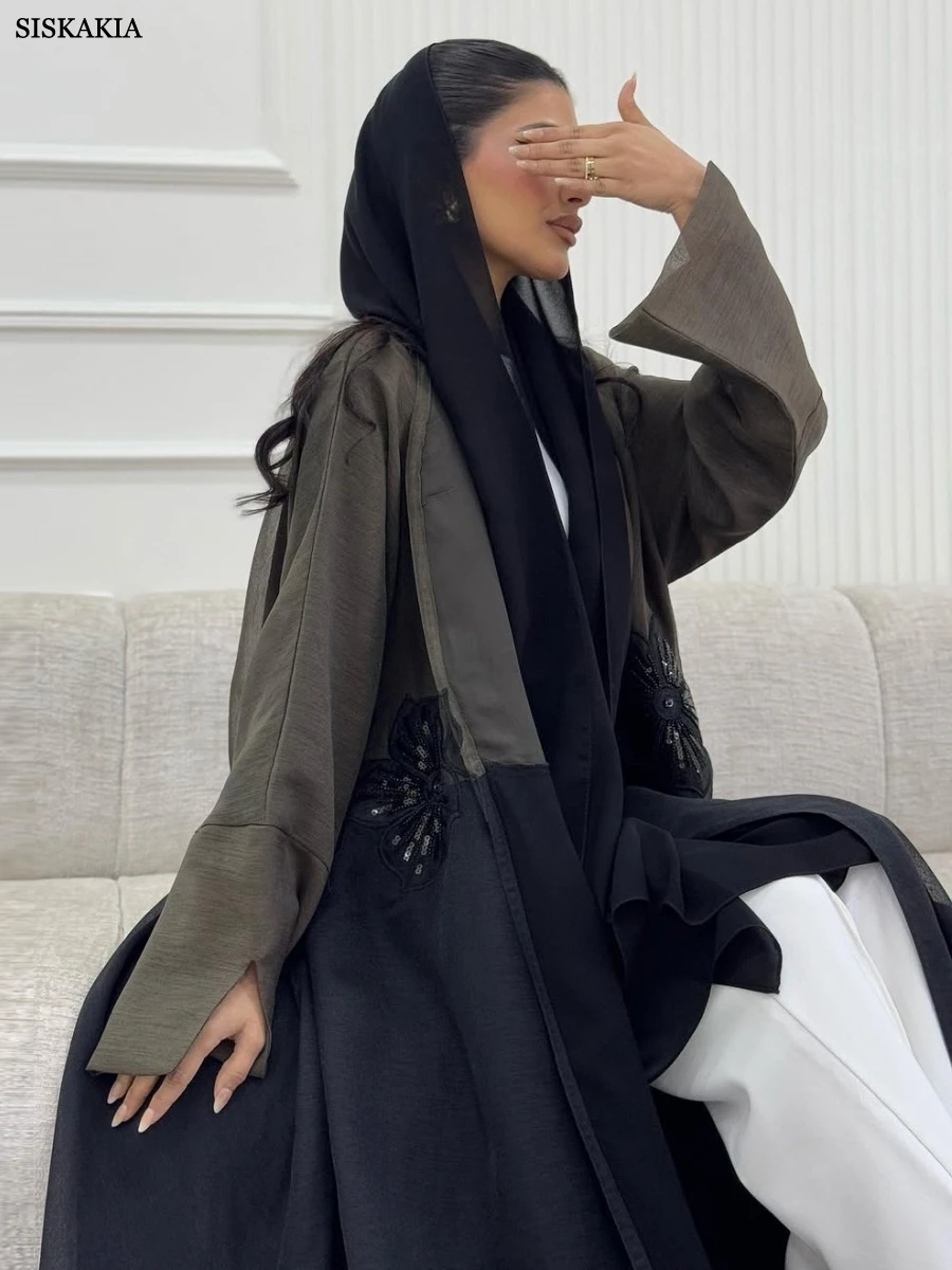 Siskakia Mode Dubai Applikationen Strickjacke Muslimische Frau Pailletten Patchwork Offene Abaya