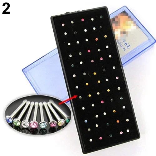    Estilo indio 60 unids/set cristal Rhinestone nariz anillo hueso Stud acero quirúrgico cuerpo Piercing joyería 02U5