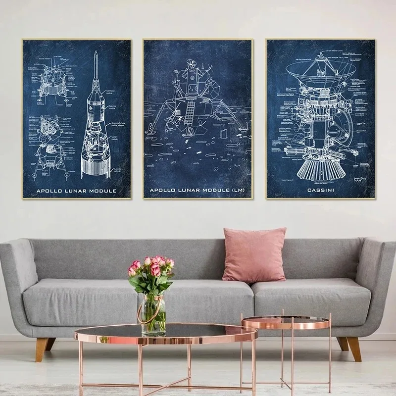 مخططات براءات الفضاء ملصق ومطبوعات عتيقة ، السفن الفضائية التوضيح قماش اللوحة الأبيض الأزرق صور ديكور المنزل #4