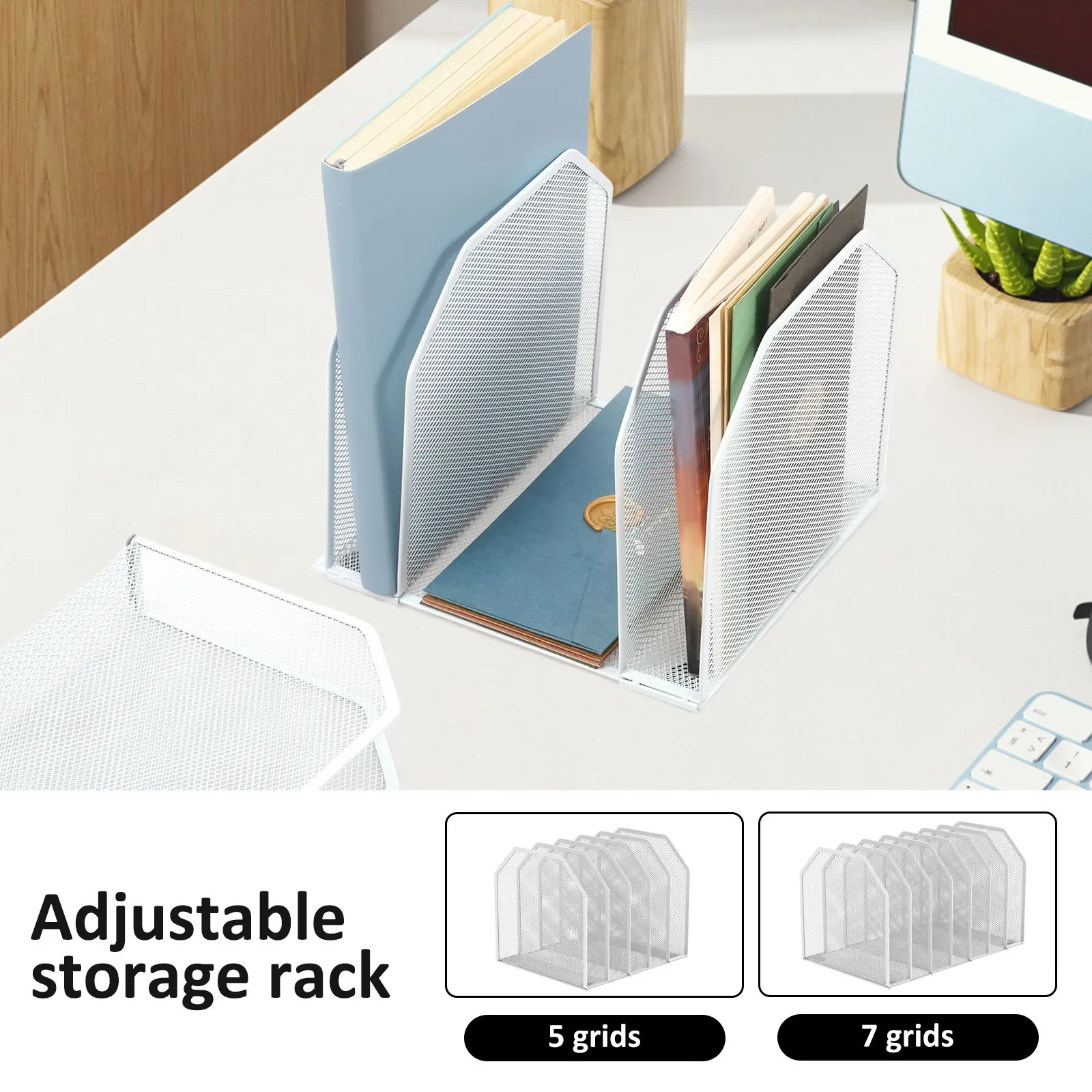 Metal File Rack 5/7 Section Office Desk Shelf Standing Desktop File Folder Adjustable Mesh File Folder Stand for Home Office