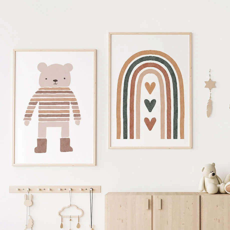 Boho Bear Rabbit Rainbow Sun Heart Nursery Wall Art Canvas Painting Nordic Posters And Prints Wall Pictures Baby Kids Room Decor
