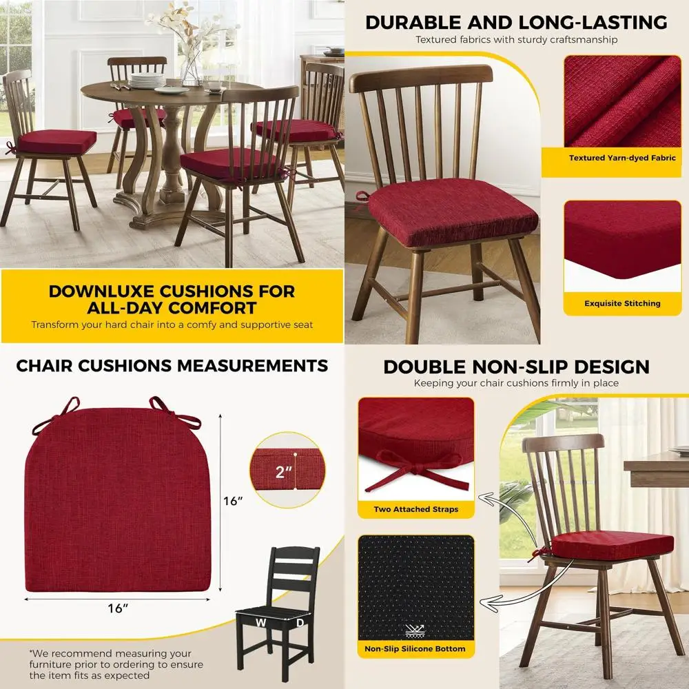 

Set of 6 Red 16 x 16 x 2 Cushioned Dining Chair Pads with Ties and Non-Slip Backing
