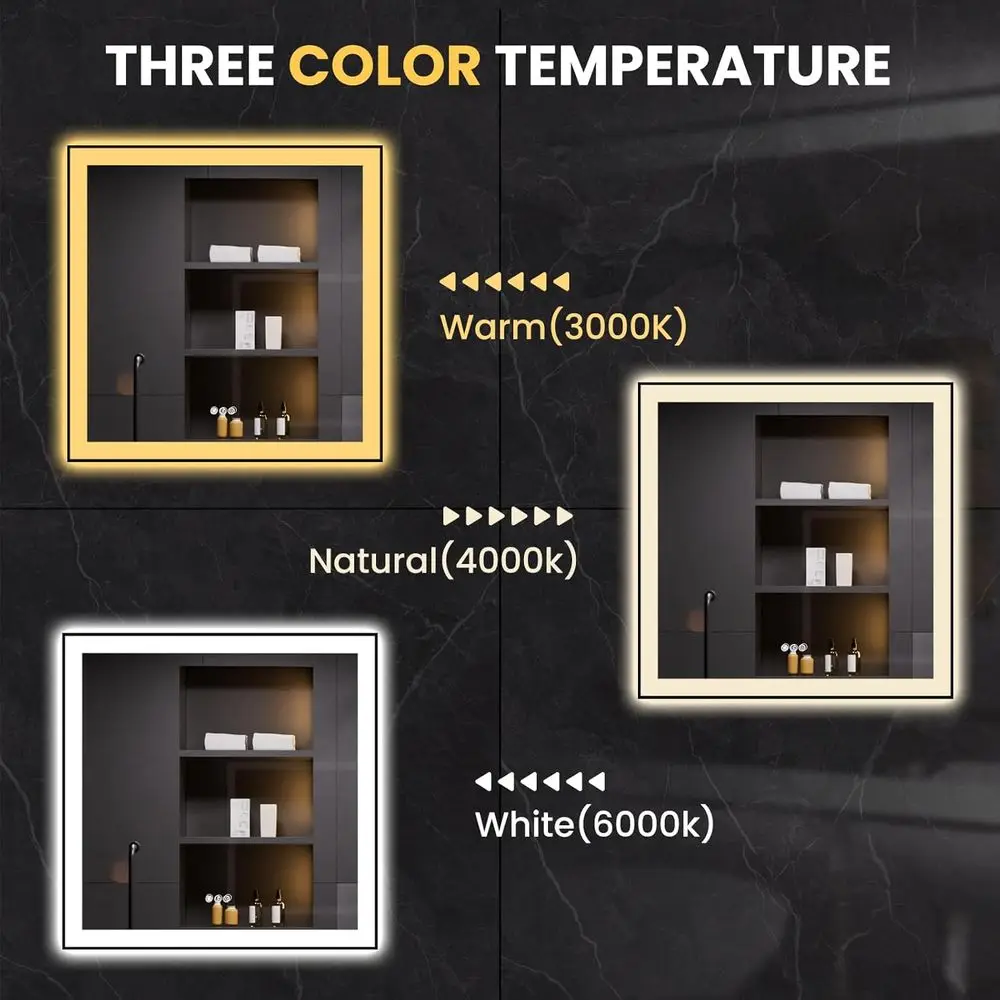 Miroir de salle de bain éclairé par 32 LED encadré noir avec antibuée, éclairage à intensité variable et verre trempé