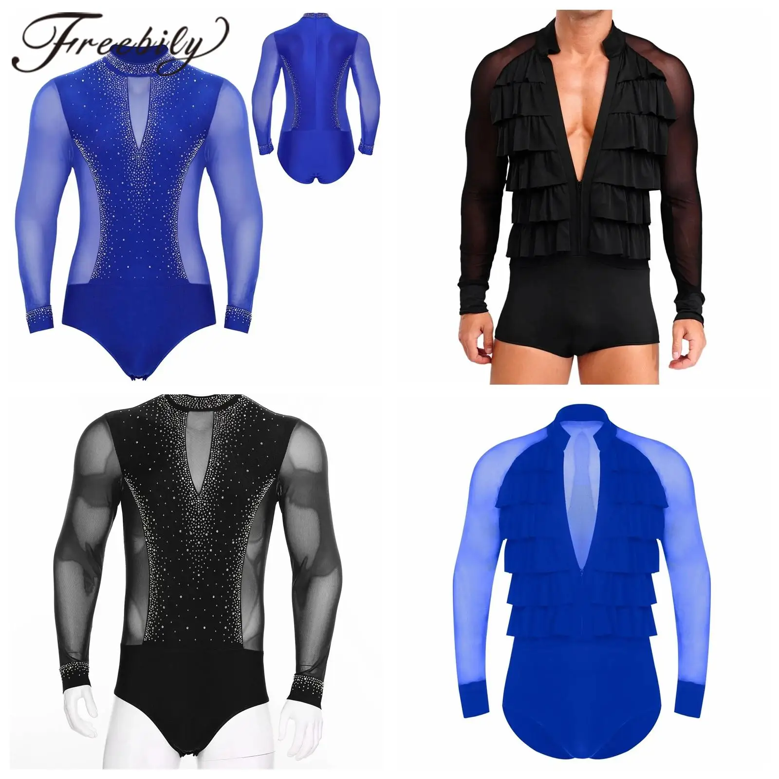 

Гимнастический комбинезон для мужчин, многоярусные рубашки с оборками, румба, чача, танго, гимнастический трико, сетчатый боди для латинских танцев, топы