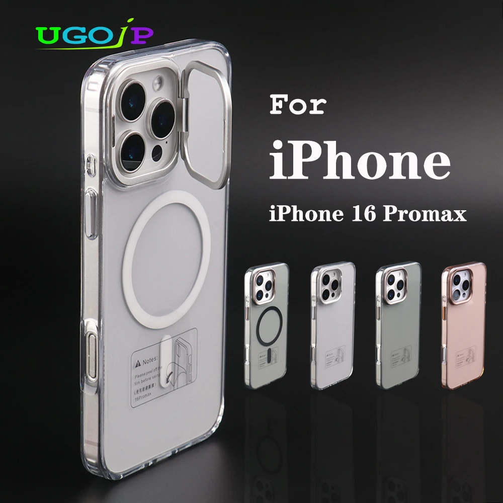 

UGOjP Case For iPhone 16 Pro Max Clear Magnetic Holder Phone Case Transparent With Metal Lens Stand Protective Back Cover ﻿
