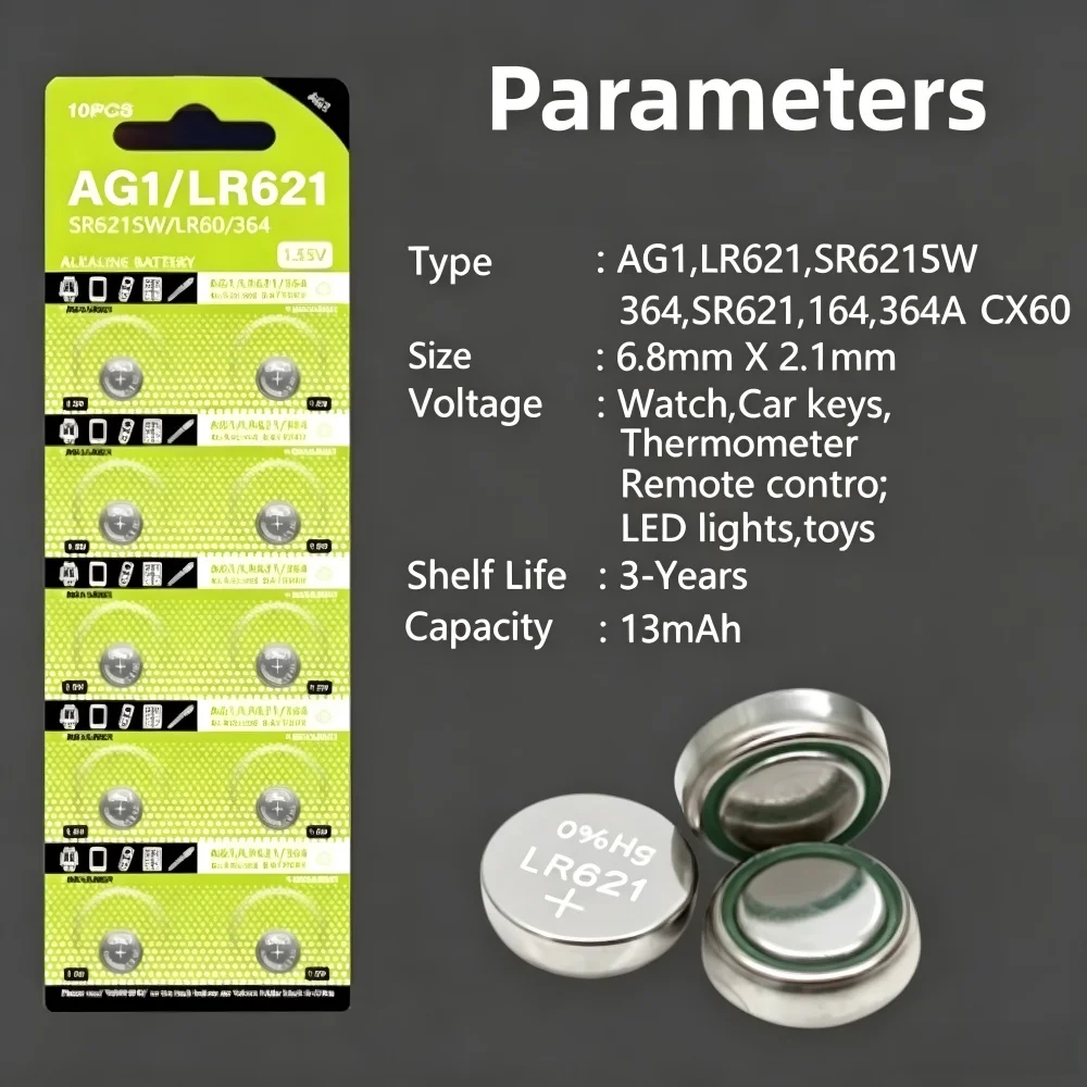 LR621 AG1 1.55V Alkaline Button Battery, SR621SW 364 164 SR60 363 621 SR621 L621 CX60 Coin Cell for Watch Clock Remote