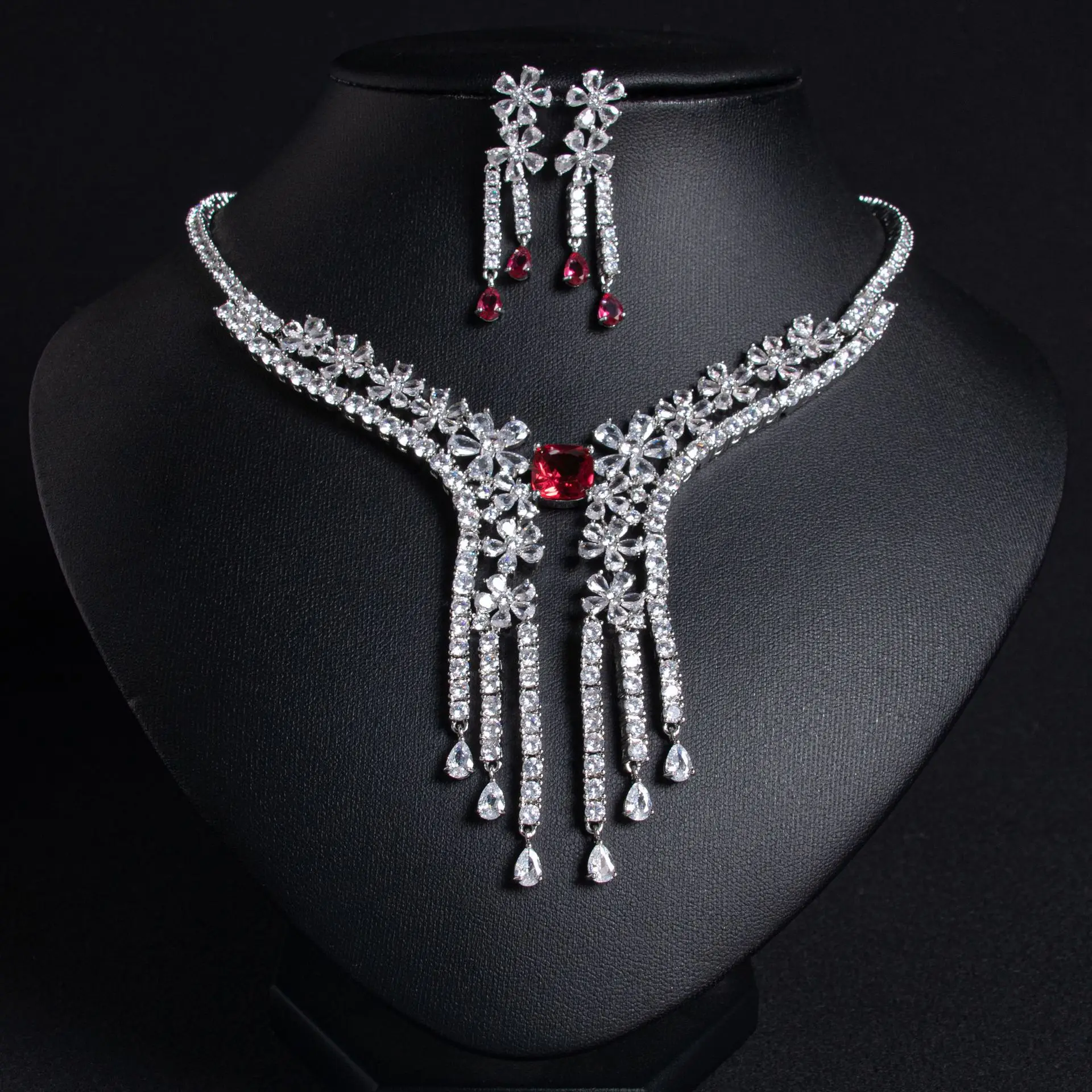 

Personalised Unique Necklace Earrings 2 Pcs Tassel Teardrop Flower Jewellery Set Banquet Wedding Prom Dubai Bridal Gift M-588