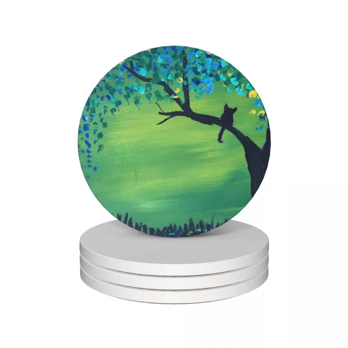 

Cat on a tree branch with colorful leaves Ceramic Coasters (Set of 4) cute cup Tea cups set for drinks white Coasters