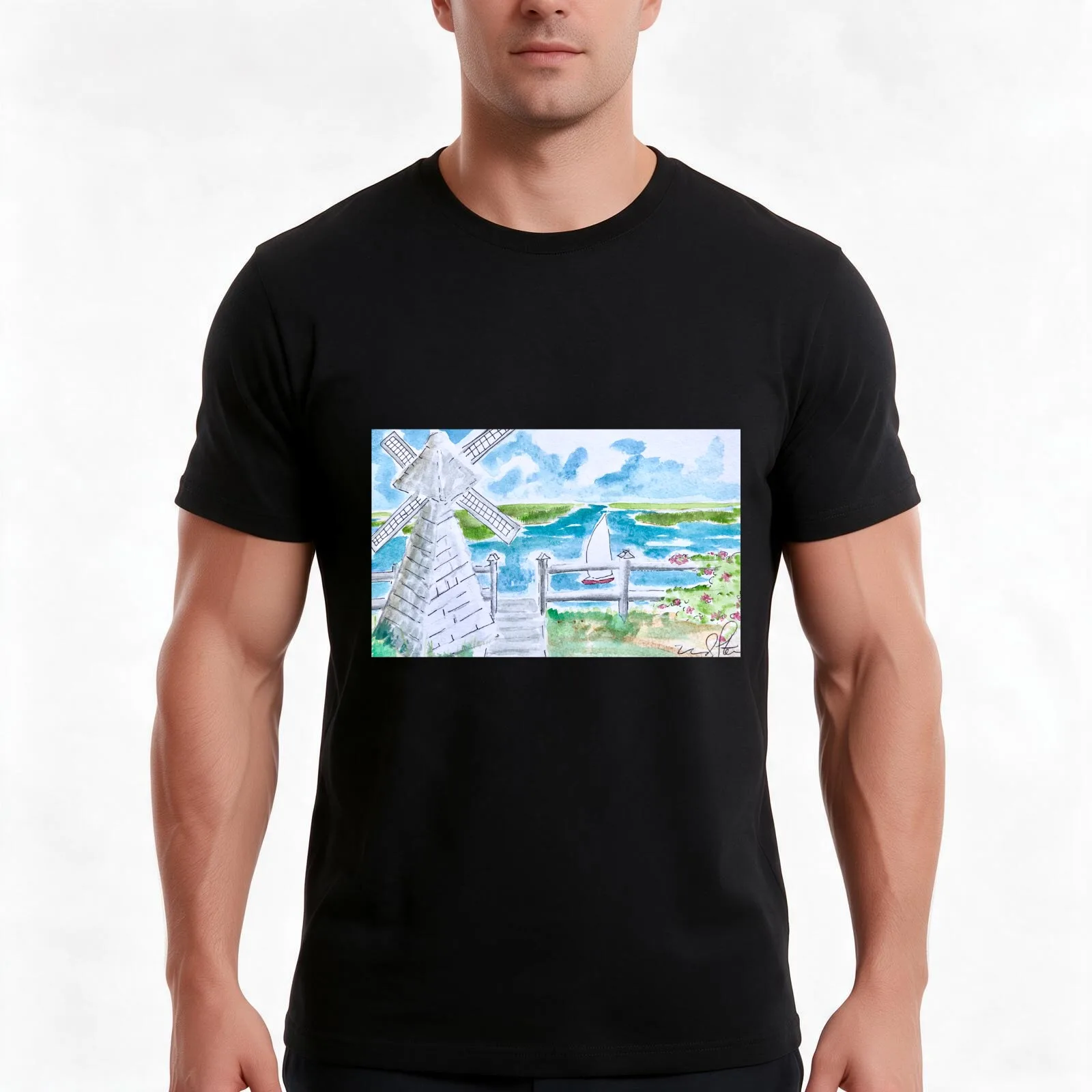 Windmill Beach T-Shirt, Summer Casual Cotton Tee, Oversized Streetwear Tops, Vintage Graphic Print, Loose Fit Short Sleeve