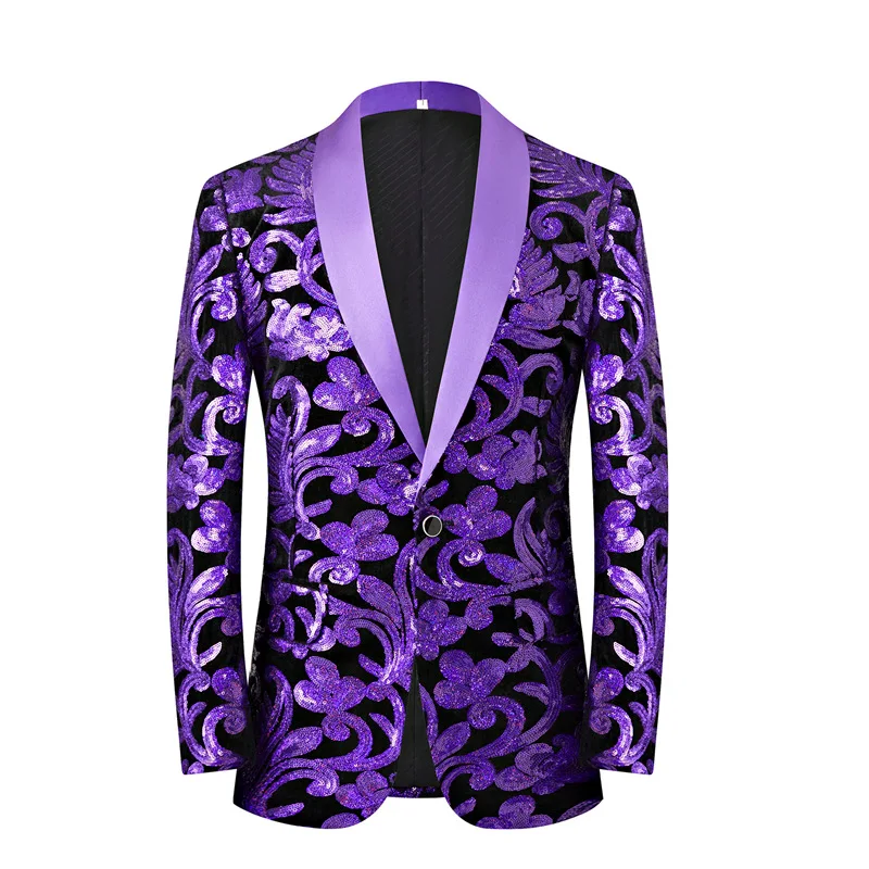 

New Design Jackets Host Fashion Mens Flat Velvet Flower Sequin Jacquard Blazer Purple Stage Performance Suit Show Tuxedo Blazers