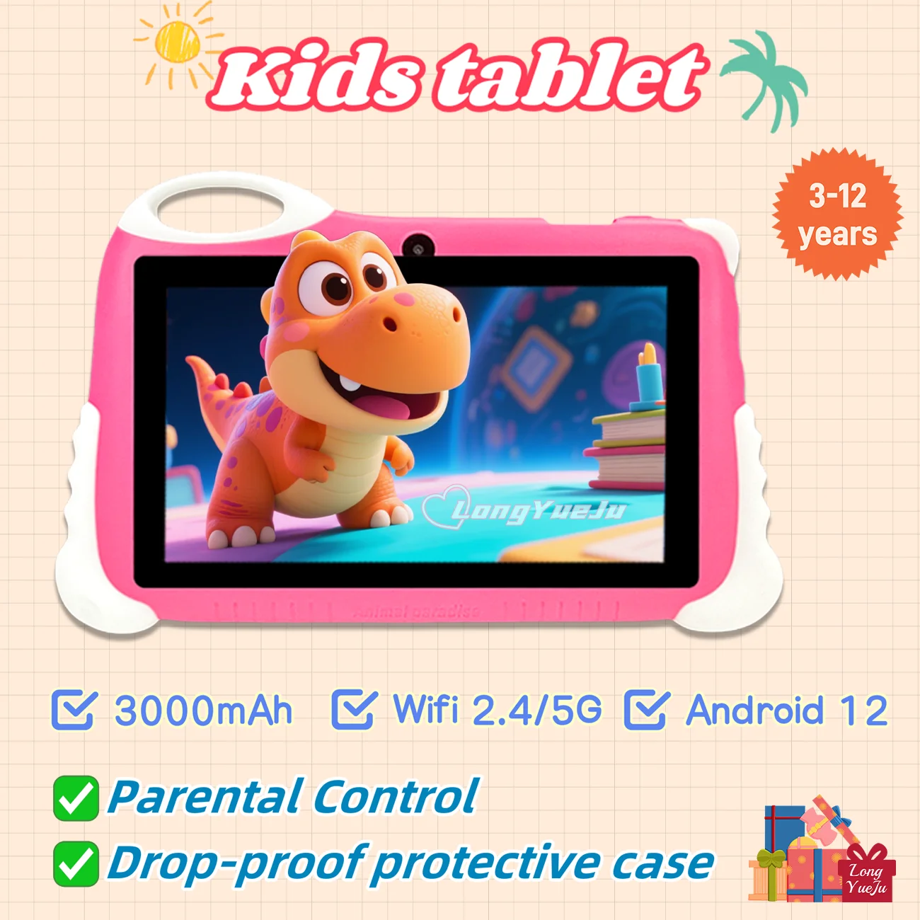 Tablet per bambini da 7 pollici con controllo parentale |   Tavoletta educativa con WiFi, schermo HD e doppia fotocamera | Regalo di Natale, Halloween