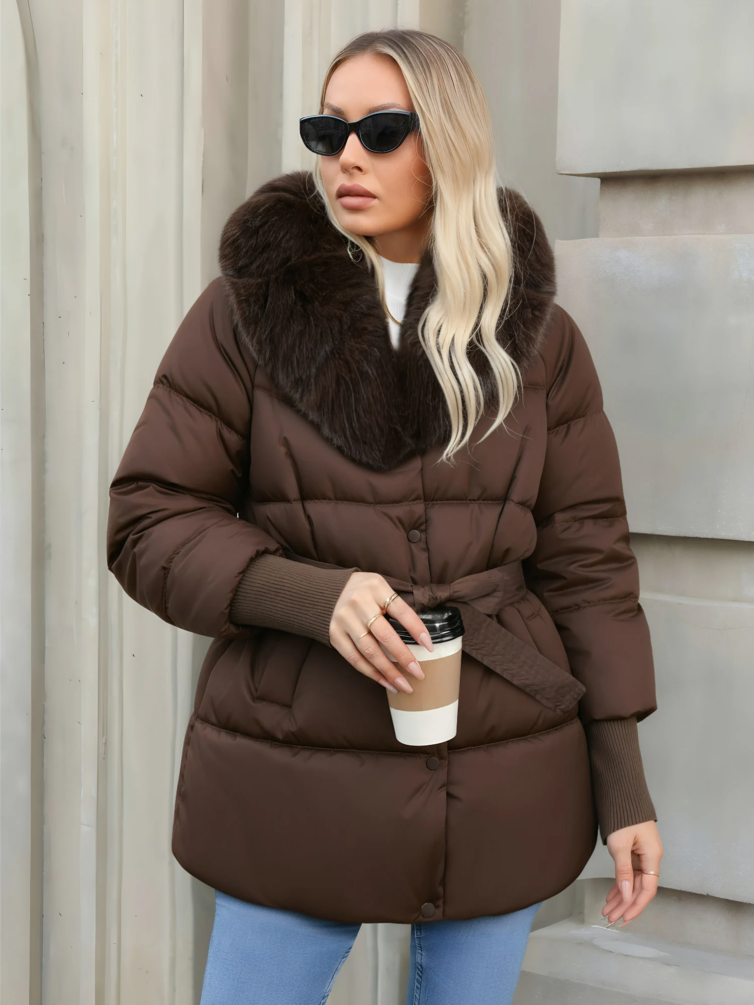 

Women's Autumn/Winter Chic Thick Quilted Coat Plain Long Sleeve Pocket Casual Jacket with Belt