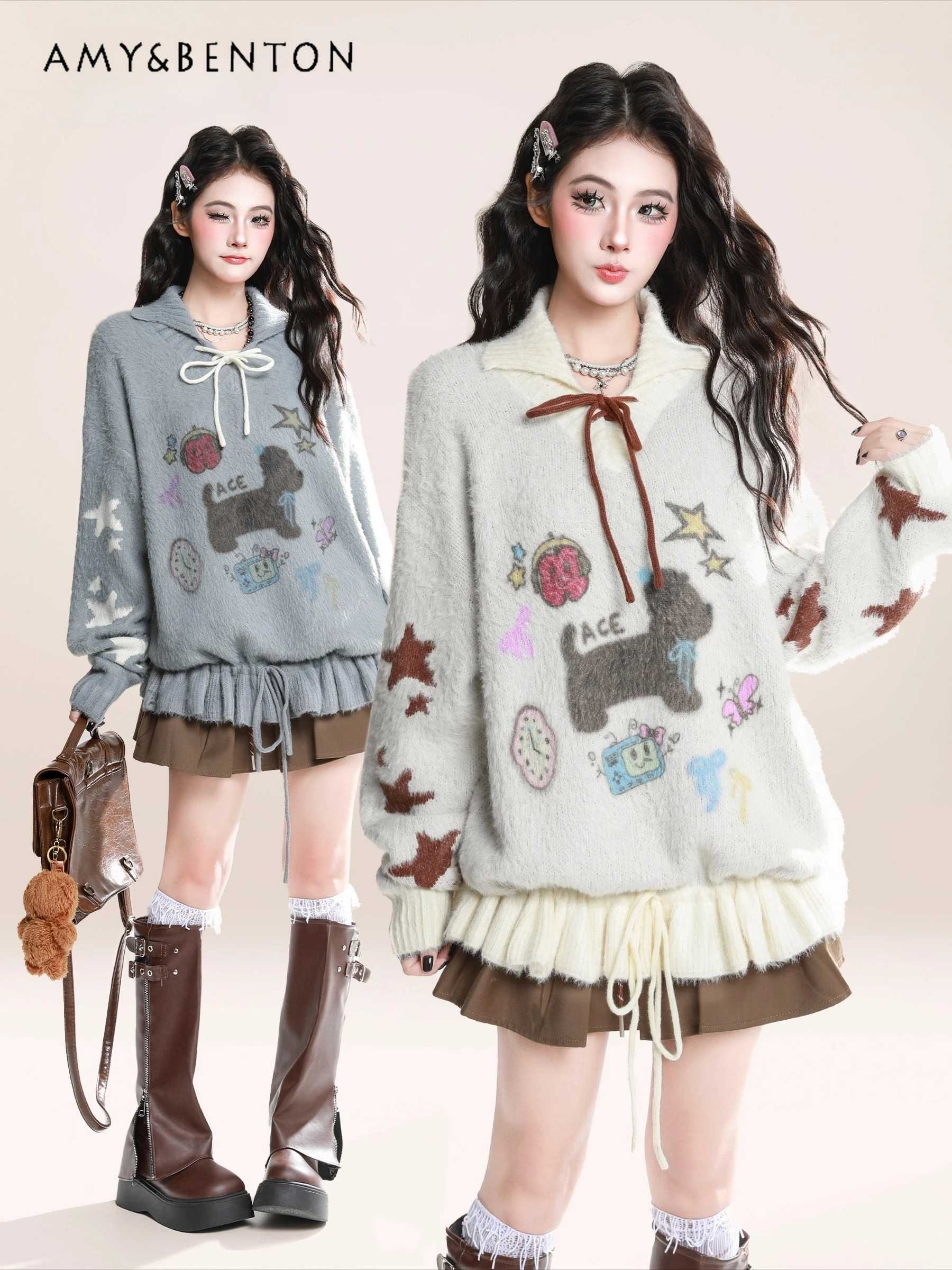 

Осень-зима 2022, новый американский ретро-мультяшный щенок, жаккардовый свитер с завязками на лацканах, кофейного цвета, короткая юбка, универсальные гетры