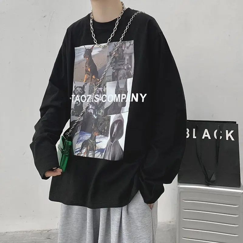 

Men's Trend Print Loose T Shirts Long Sleeve All-match Youth Solid Street Casual Tops Spring Autumn Fashion Harajuku Men Clothes