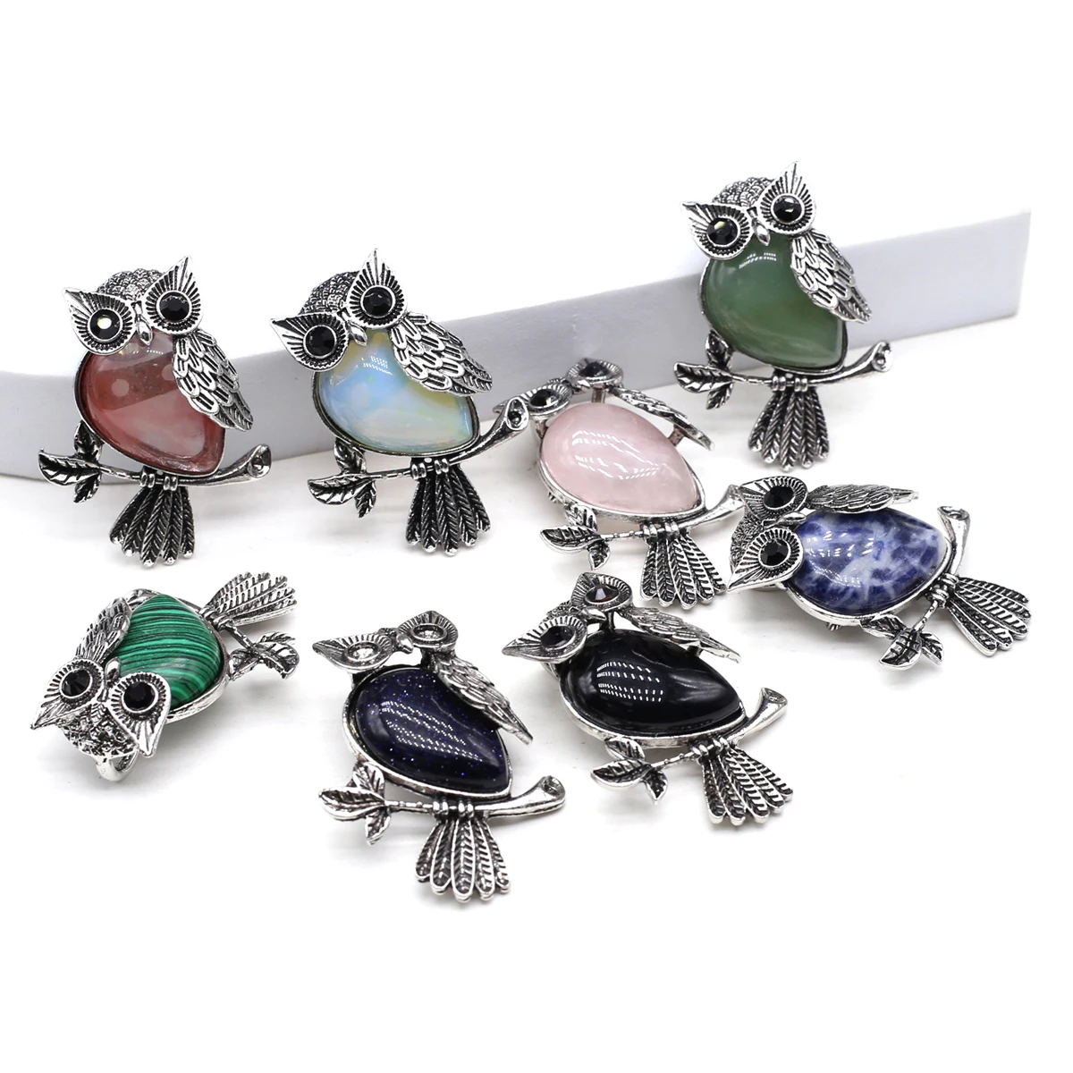 Fine Natural Stone Brooches Cute Owl Shape Rose Quartz Opal Pins for Women Trendy Dress Coat Brooch Jewelry Party Gifts