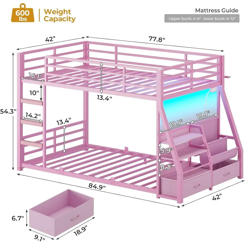 Twin Over Twin Bunk Bed with Bookshelf, Storage Drawers, Power Outlet, LED Staircase, Full-Length Guardrail, Metal Slats, No Box