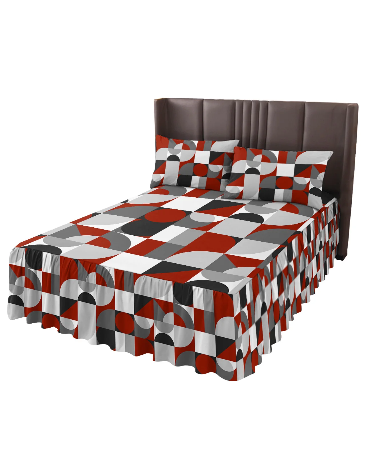 Nordic Retro Medieval Geometric Abstract Color Bed Skirt Fitted Bedspread With Pillowcases Mattress Cover Bedding Set Bed Sheet