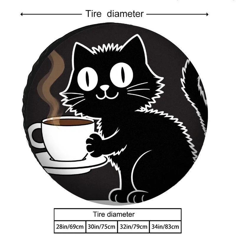 Cute Coffee Cat Spare Tire Cover Polyester Protector Durable All-Weather Vehicle Accessory