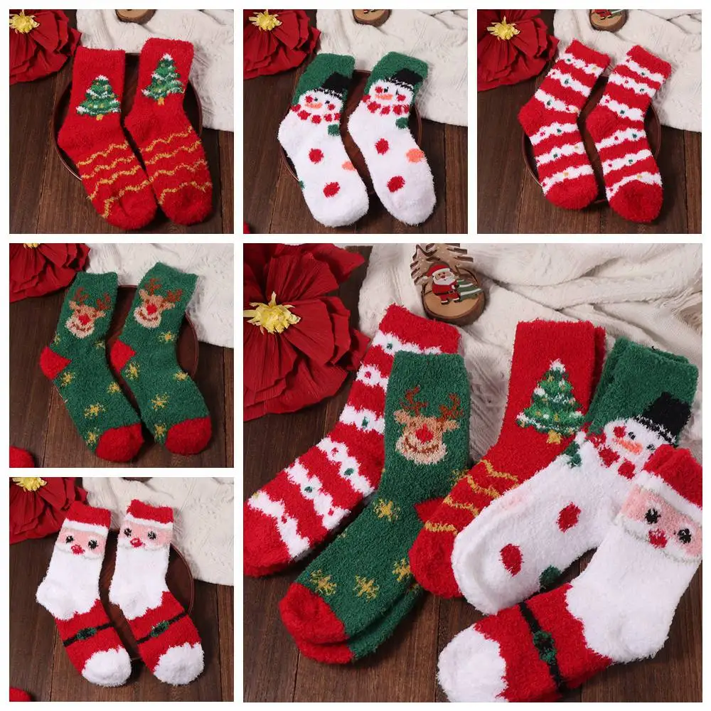 

5Pairs Cute Cartoon Christmas Fleece Socks Santa Claus Snowman Coral Fleece Socks Thicken Sleeping Socks Women Girls