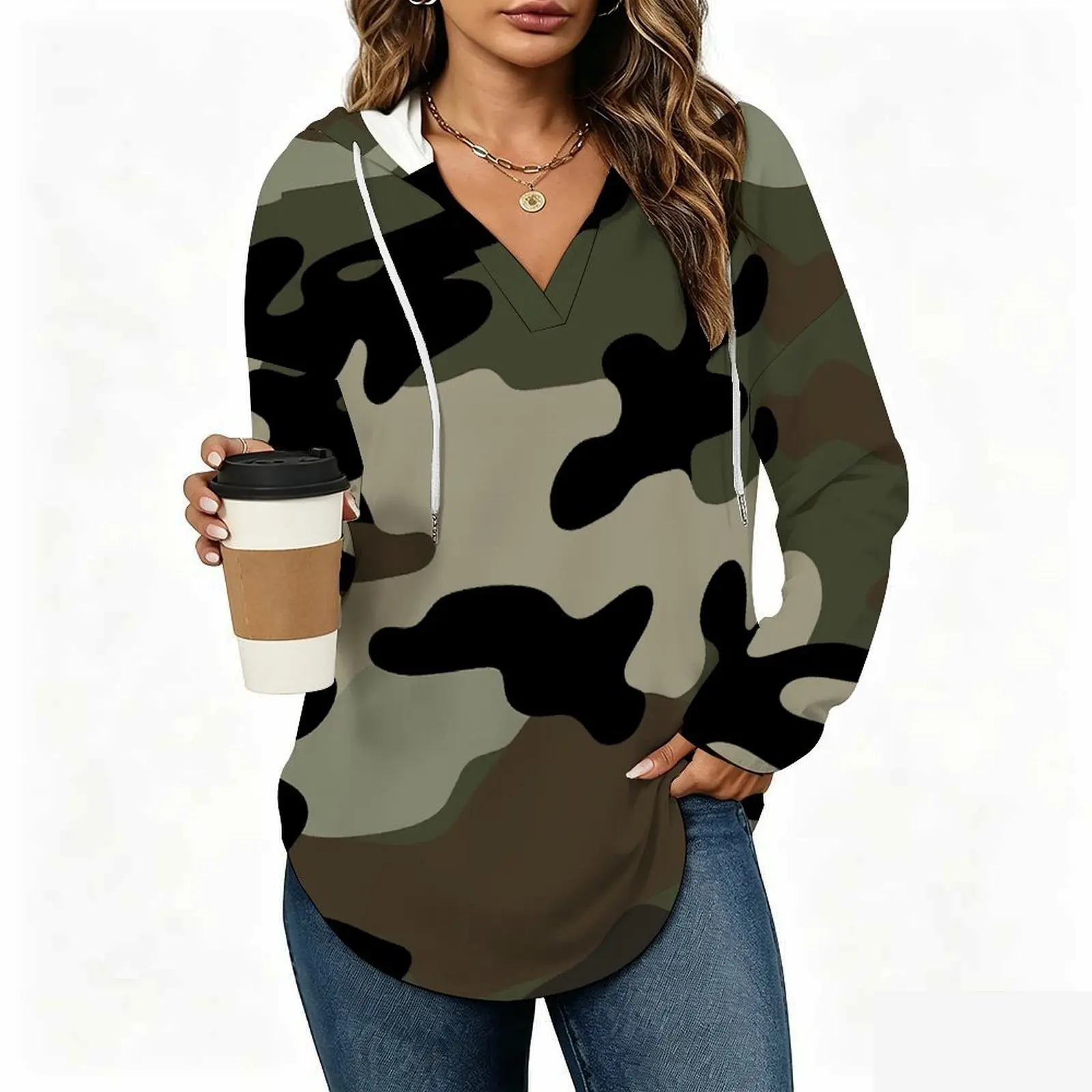 Women's V Neck Hooded Long Sleeve Sweatshirt Casual Fashion Top for Commuting Everyday Wear