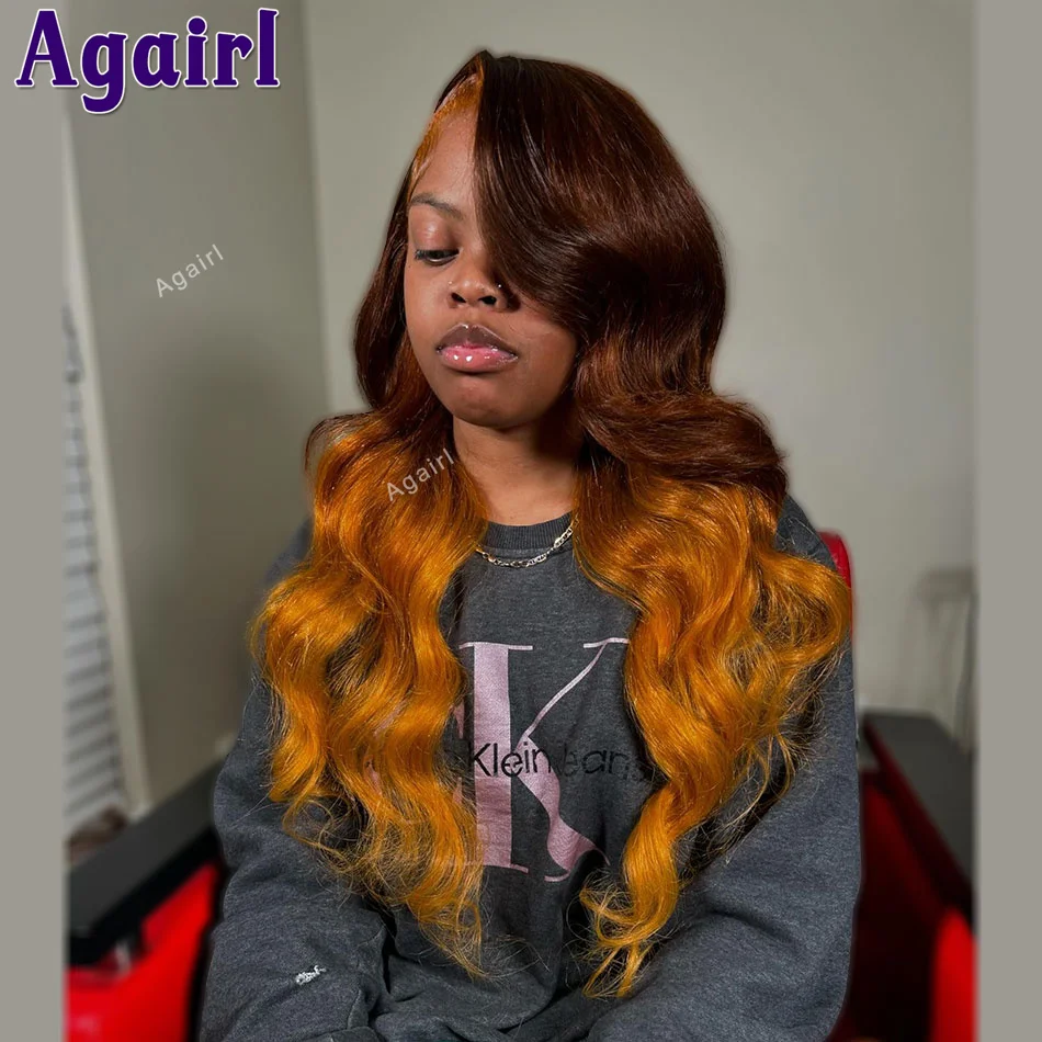 Perruque Lace Closure Body Wave Brésilienne Remy, Cheveux Naturels, Brun Ombré, Orange Transparent, 6 Tages, 13x6, 13x4, 30 32 Pouces