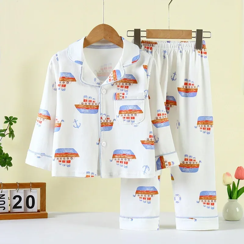 

New 2025 Spring Boys Girls Cute Cartoon Pajamas Home Wear Kids Casual Long Sleeve Lapel Pyjamas Teen Sleepwear Clothing Sets