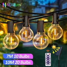Solar String Outdoor G40 Patio Lights  Remote, USB Recharger, 8 Light Modes, Shatterproof Bulbs , Weatherproof Hanging Lamp